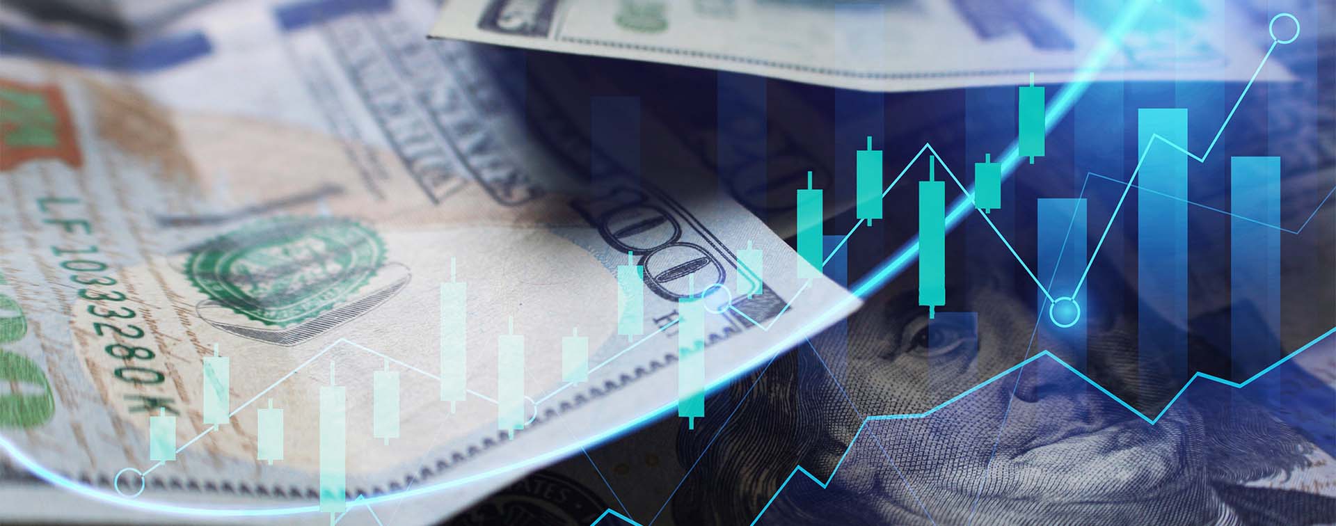 Close up of 100 dollar bills overlayed with a blue graph