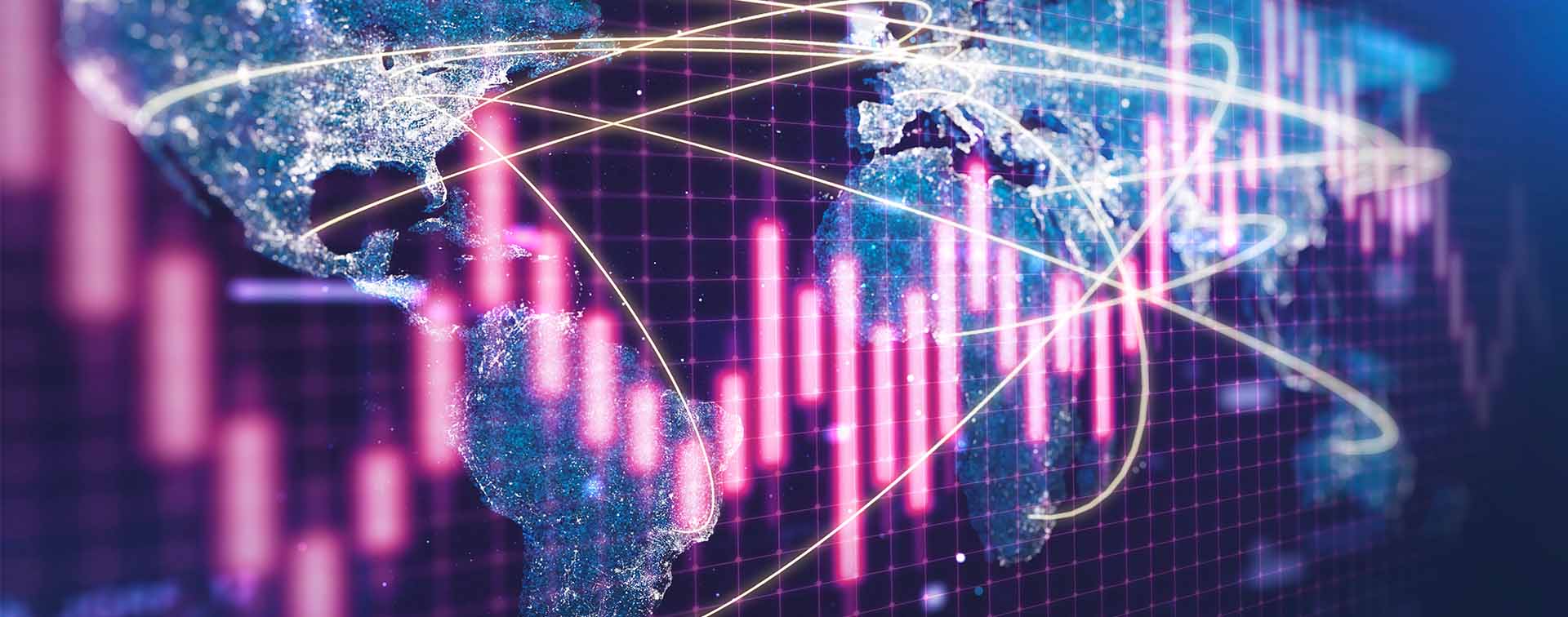 Digital composite image of a world map with connecting lines between continents