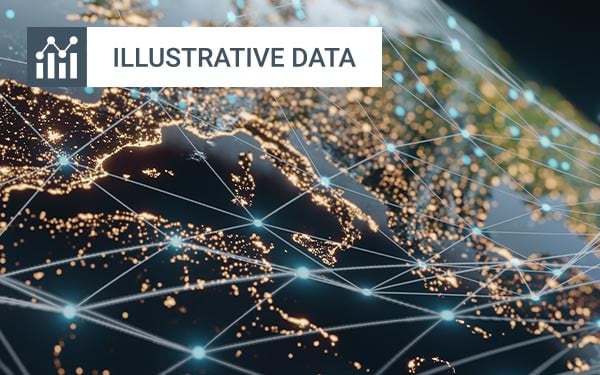 Planet earth at night with glowing connecting lines drawn over it