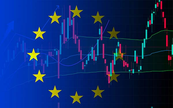 EU flag on the background of stock charts
