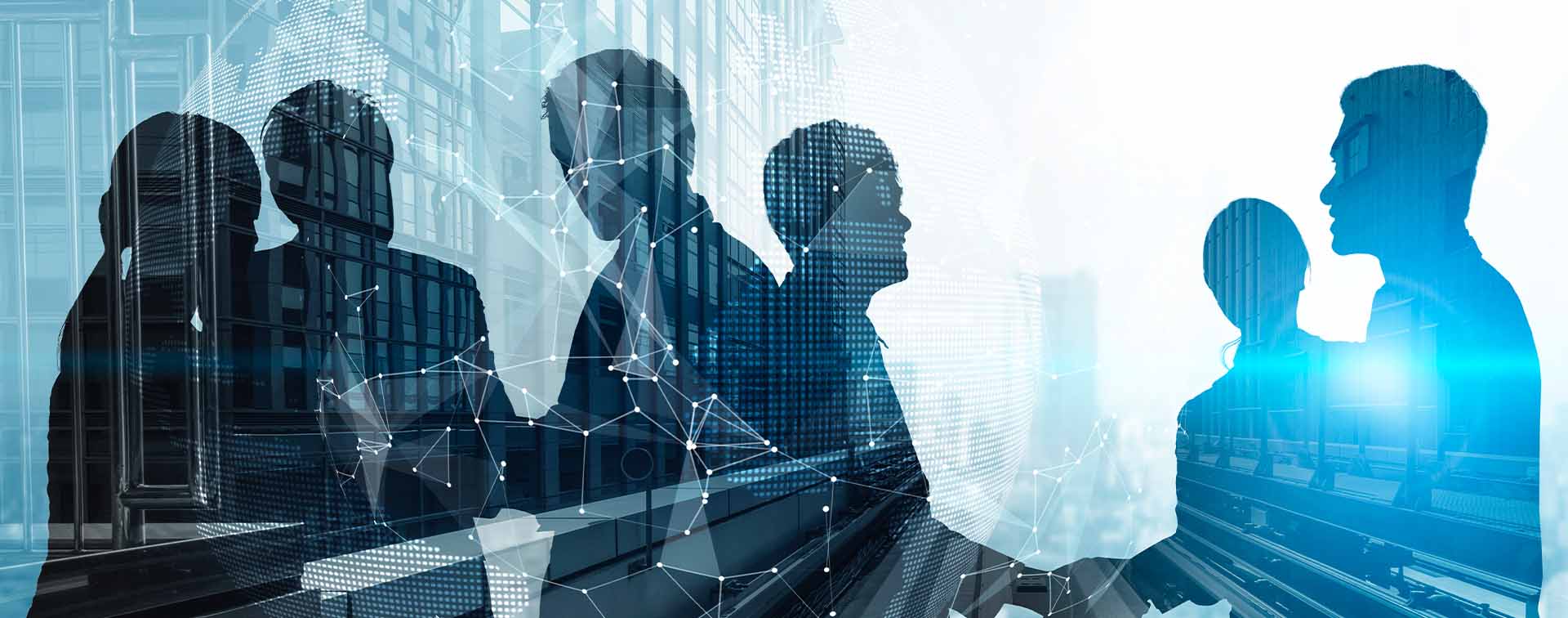 Silhouette view of business people team in group meeting with building in background and with connecting lines superimposed