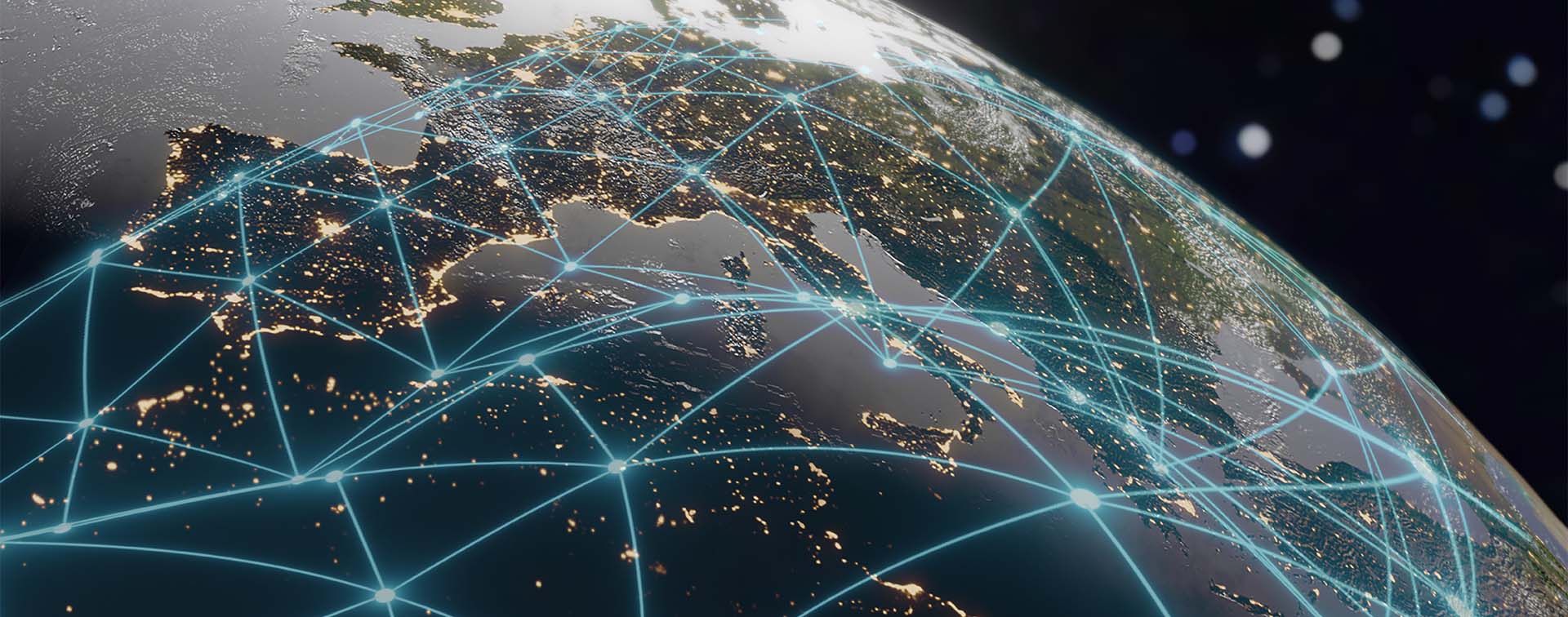 Image of a part of earth from space with blue lines mapped across the globe